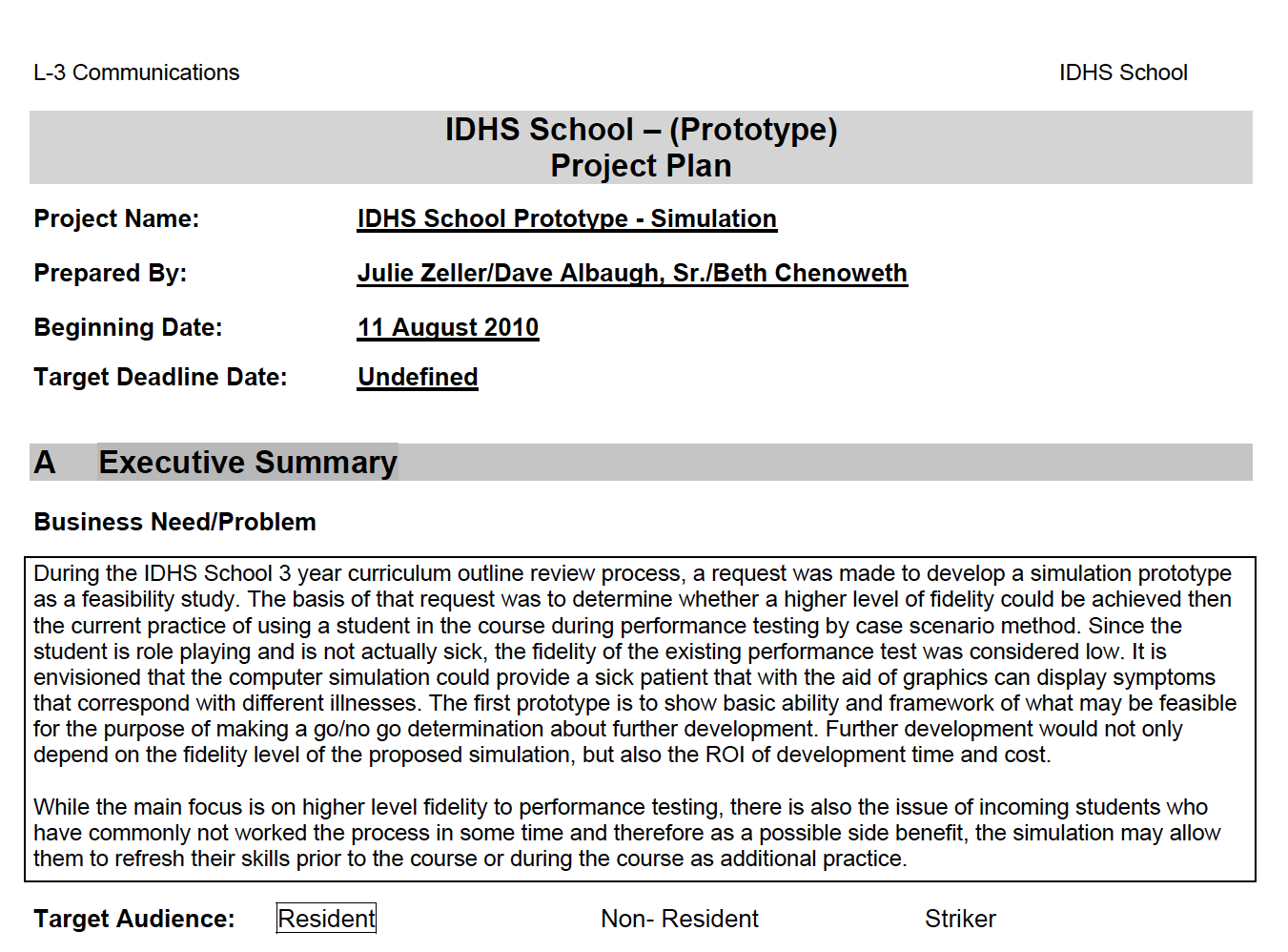 Screen shot of Project Plan document